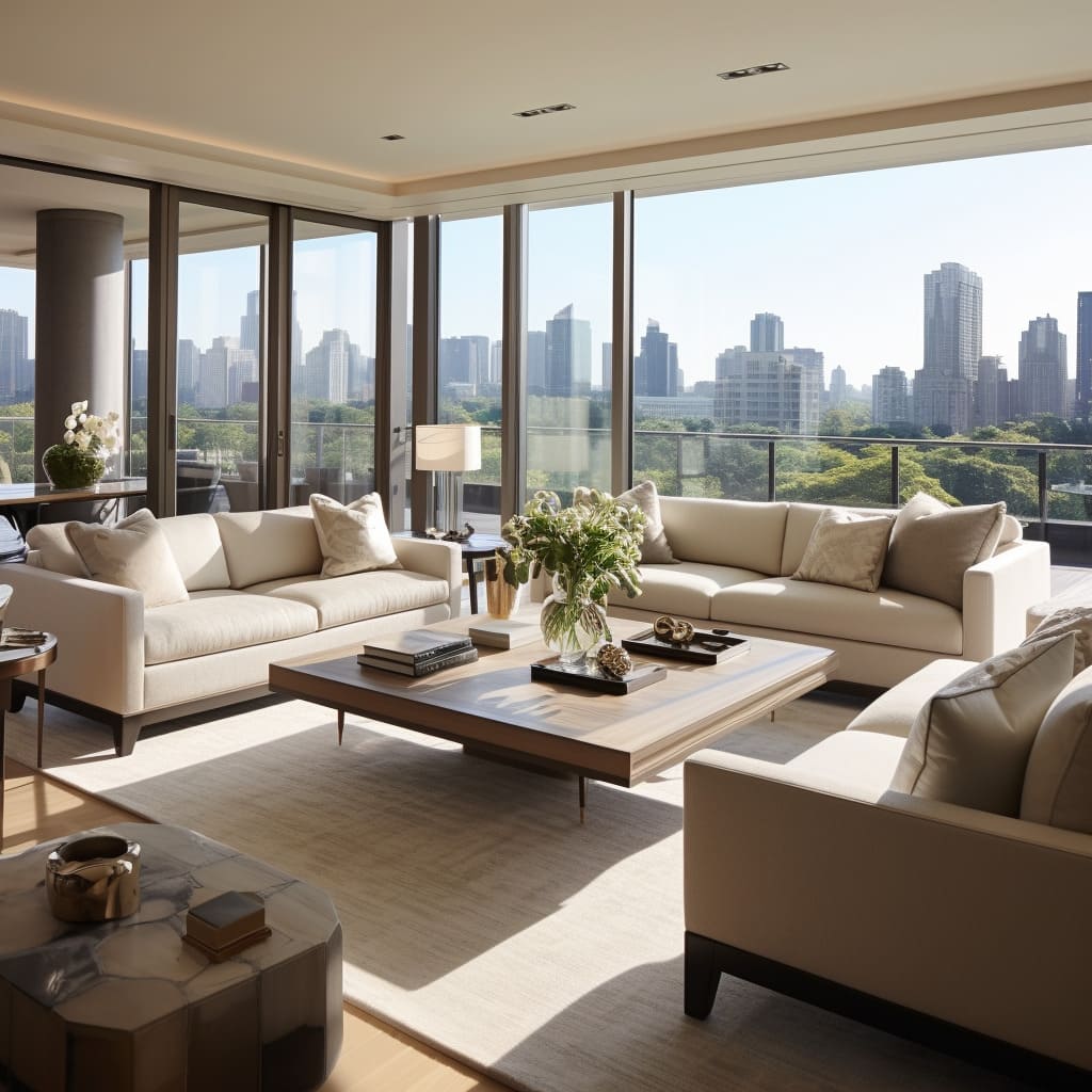 The modern furniture complements the penthouse's style.