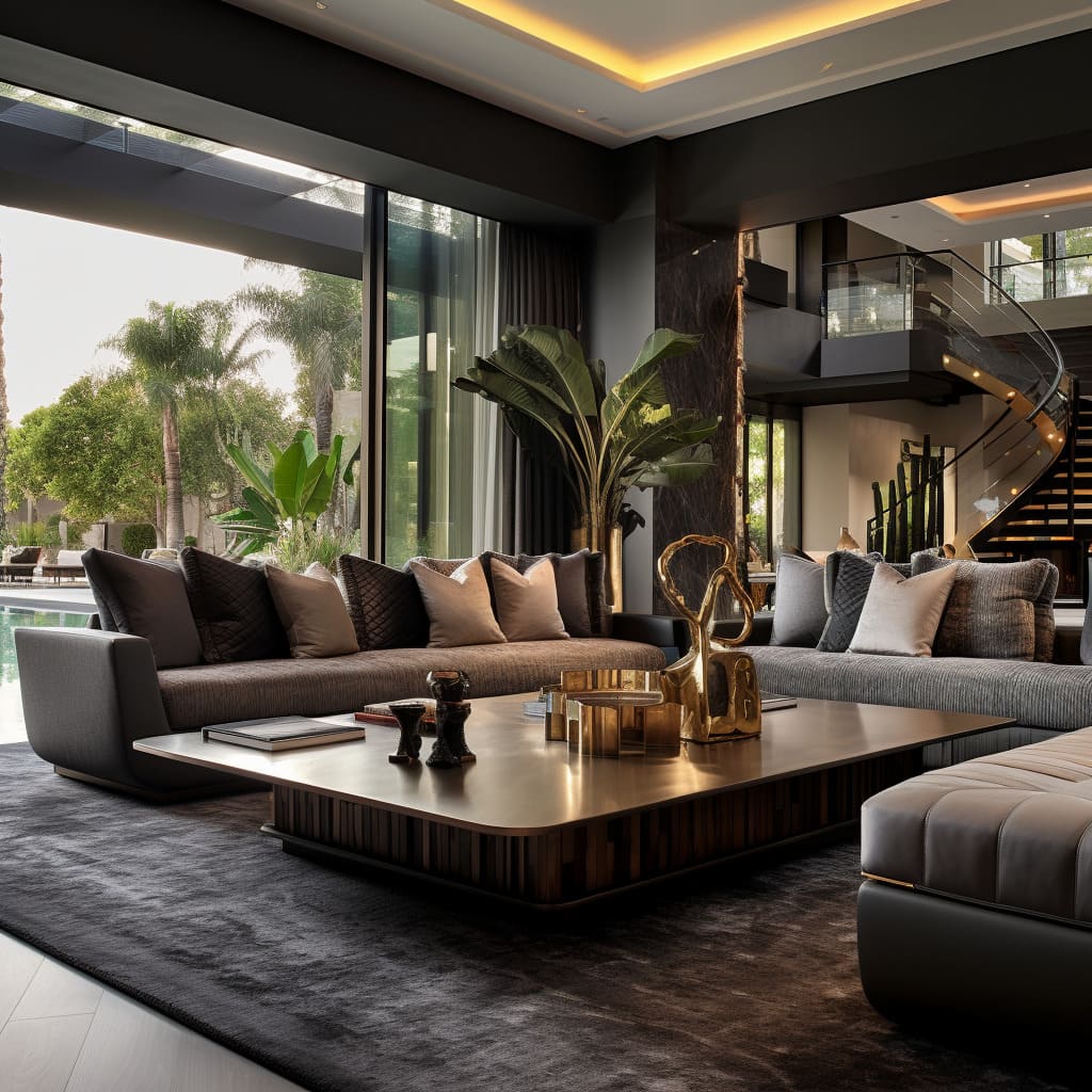 The modern furniture in the living room, set against white walls, accentuates the house's contemporary aesthetic.