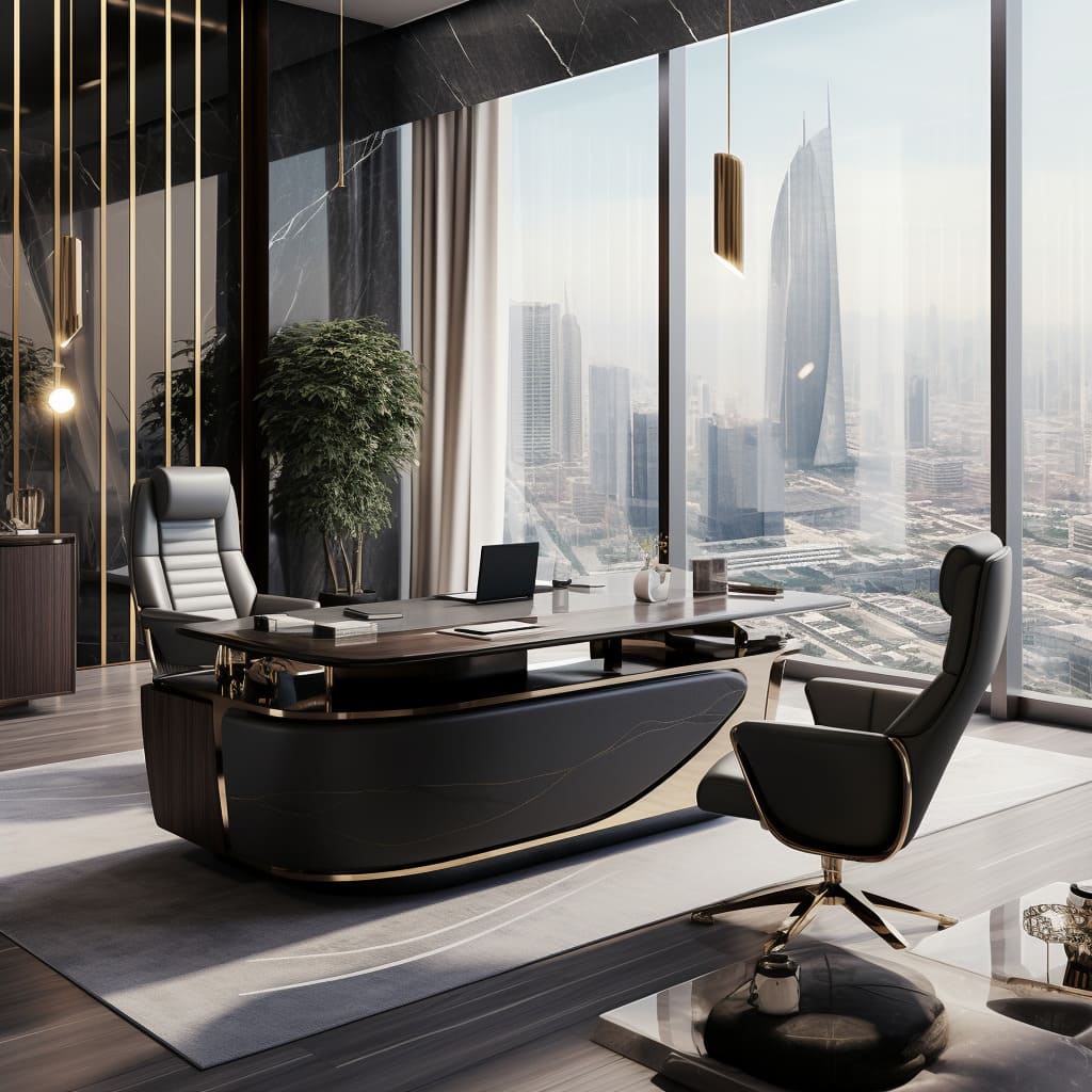 The modern office is defined by a bold, black marble desk that exudes authority and luxury.