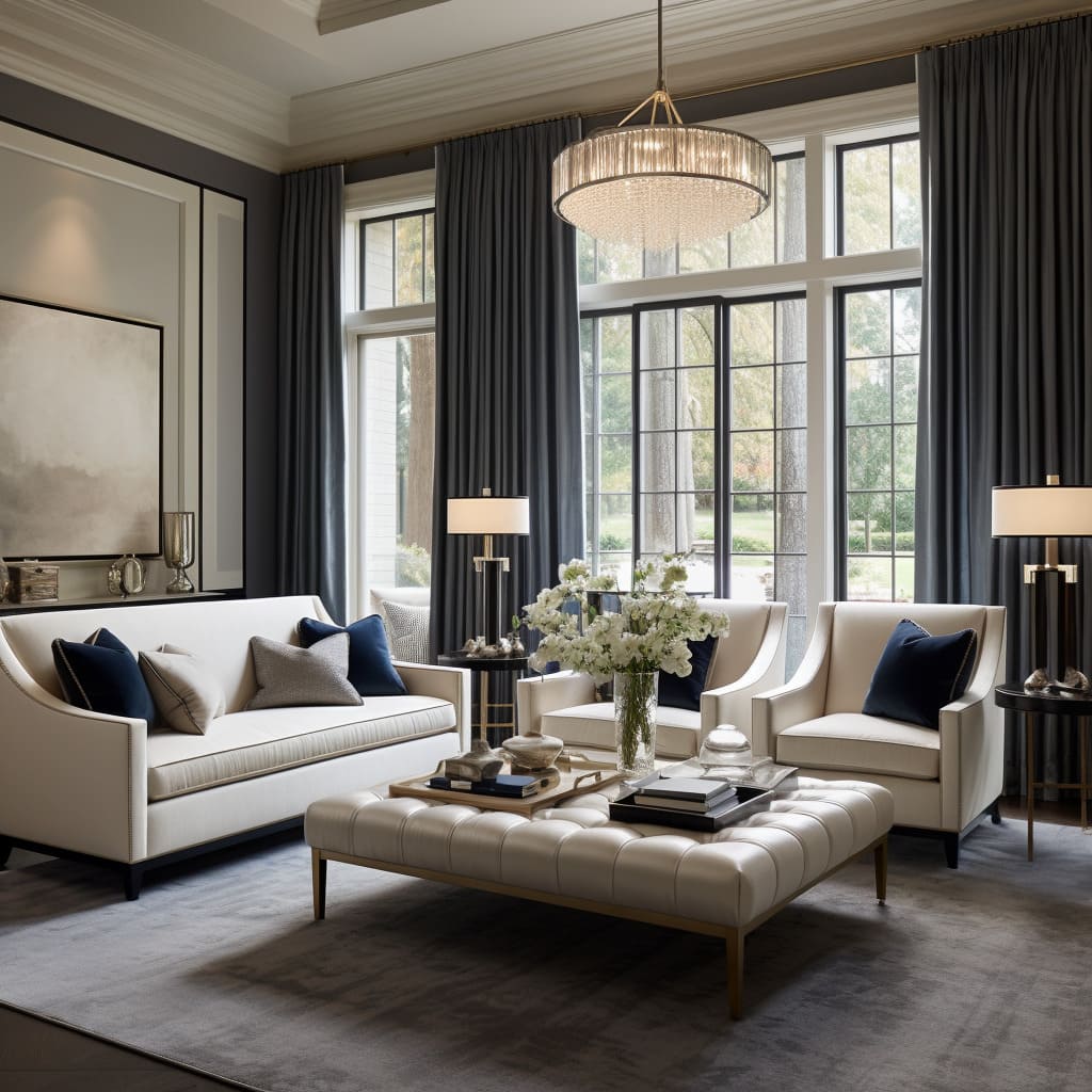 The new classic design of the living room is a testament to timeless American decor.
