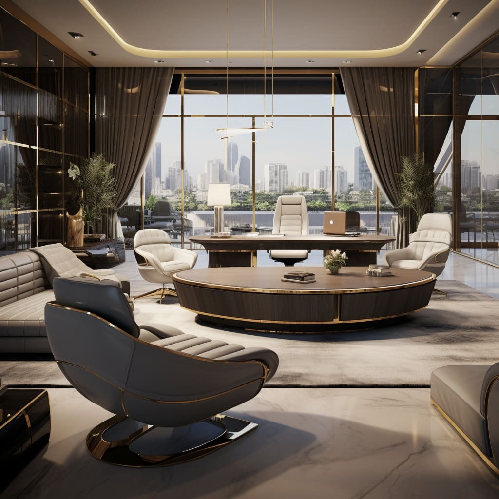 The panoramic views from this office are as breathtaking as the interior design is luxurious.