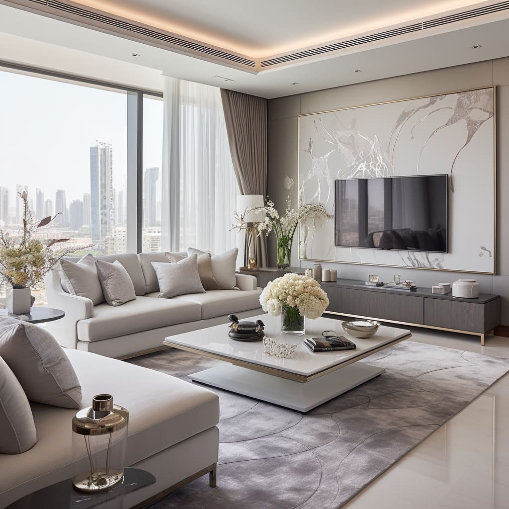 The penthouse boasts a grand living room, with a sophisticated TV unit taking center stage.