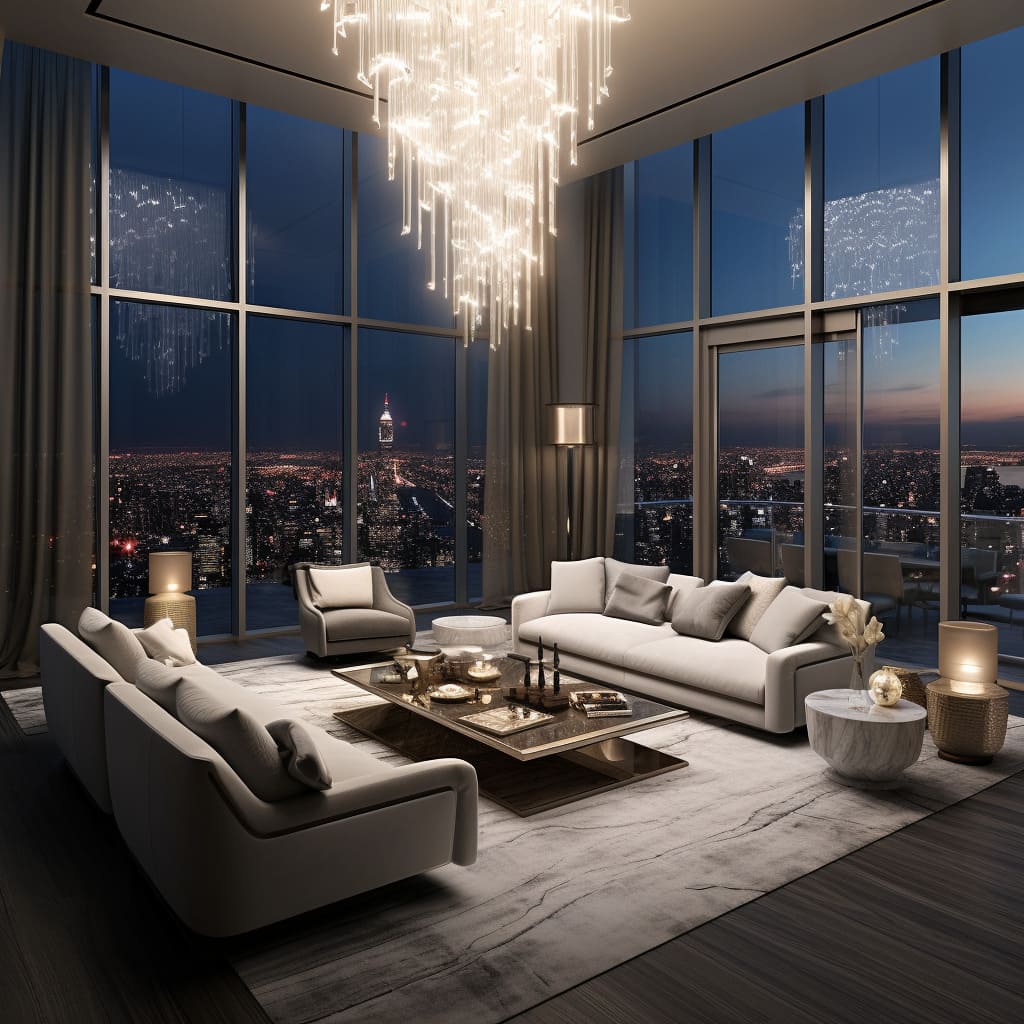 The penthouse living room dazzles with its sleek, modern furniture and breathtaking city views.