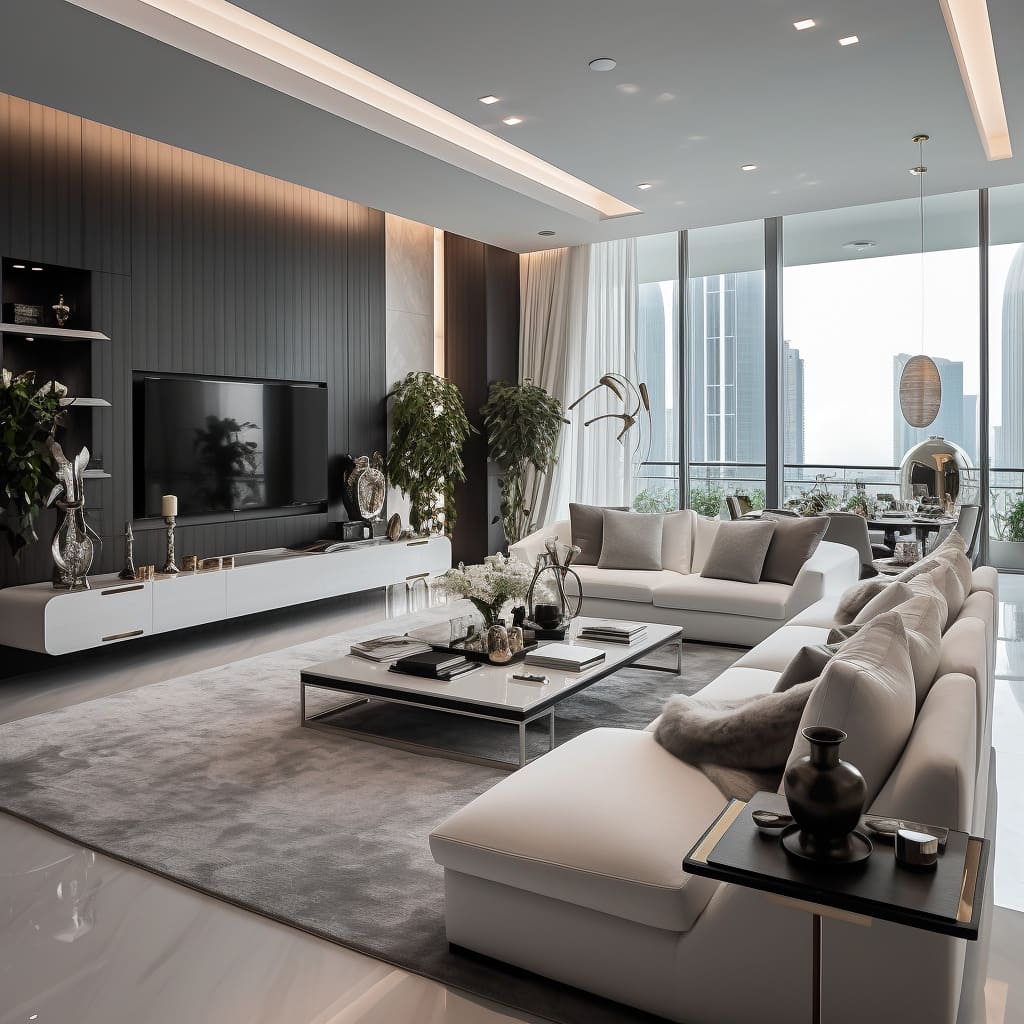 The penthouse living space embraces luxury with its cutting-edge TV unit and plush seating arrangements.
