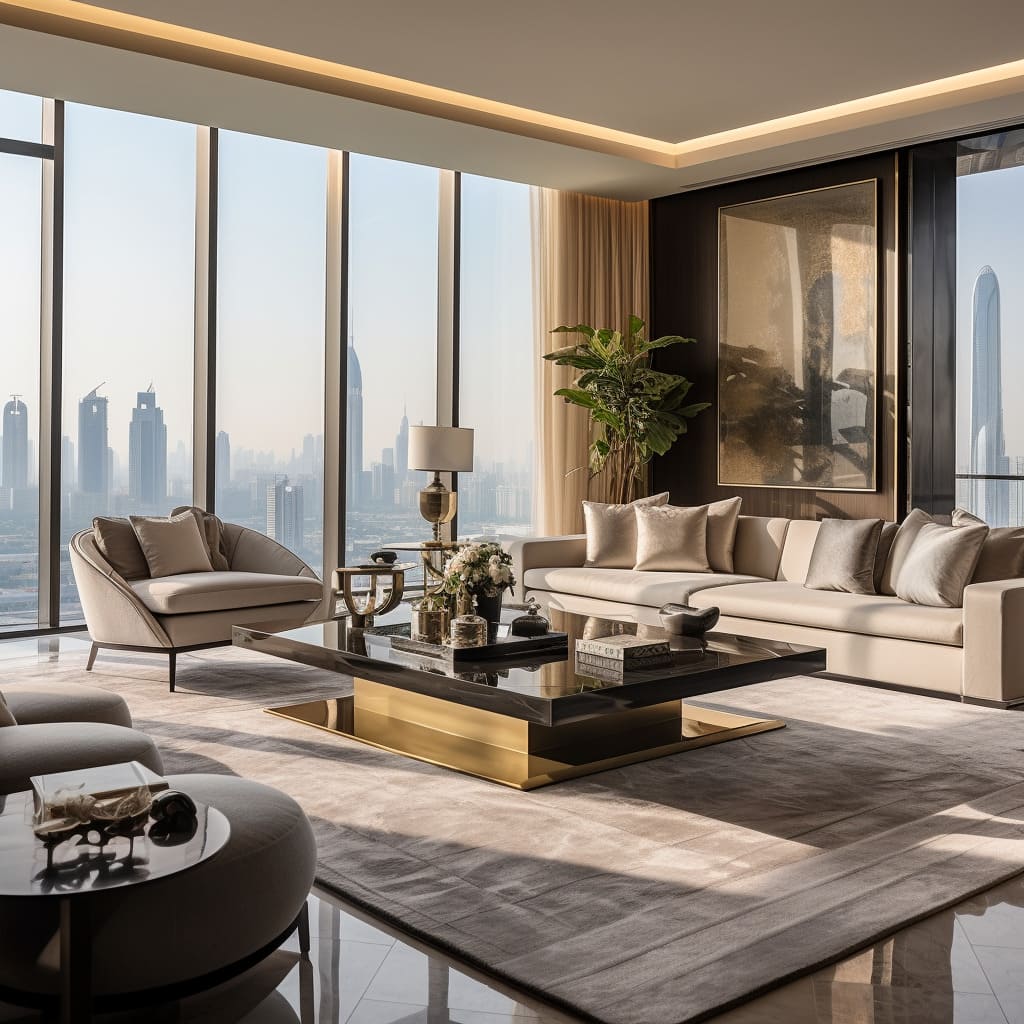 The penthouse's living room dazzles with a creamy beige sofa at its heart, embodying luxury interior design.