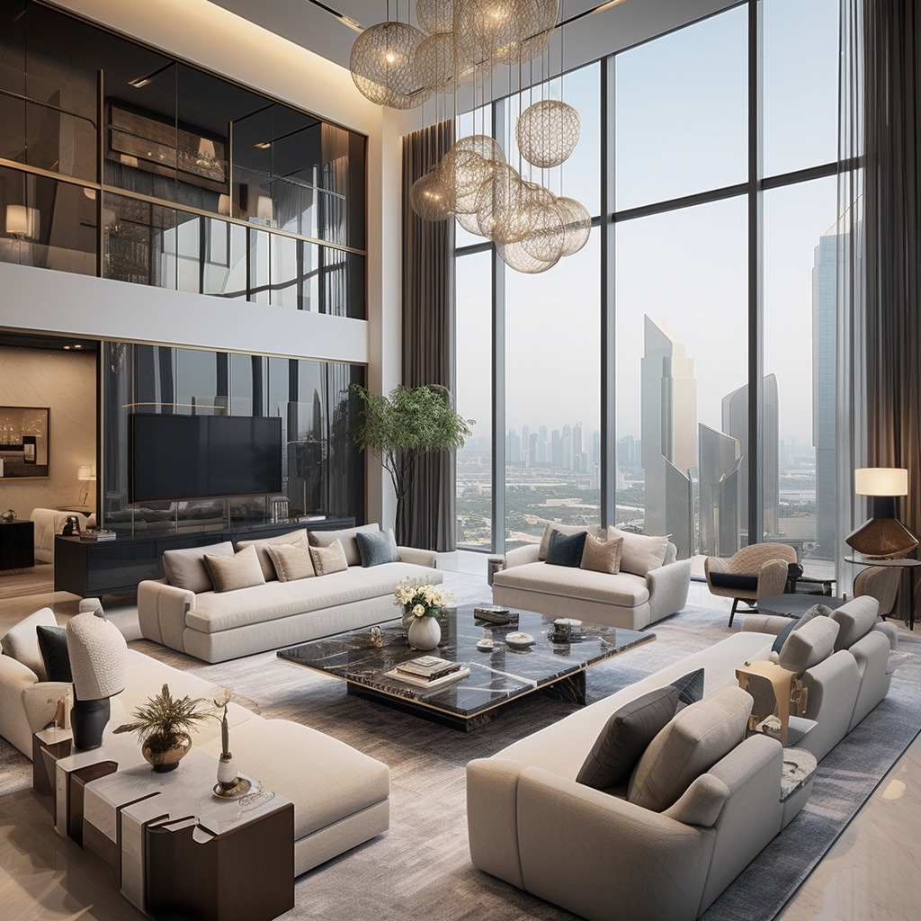 The penthouse's living room merges comfort with upscale interior design.