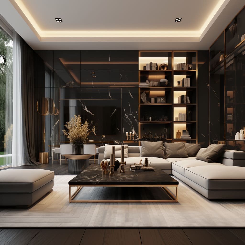The rich wood furniture in the living room highlights the space's contemporary elegance.
