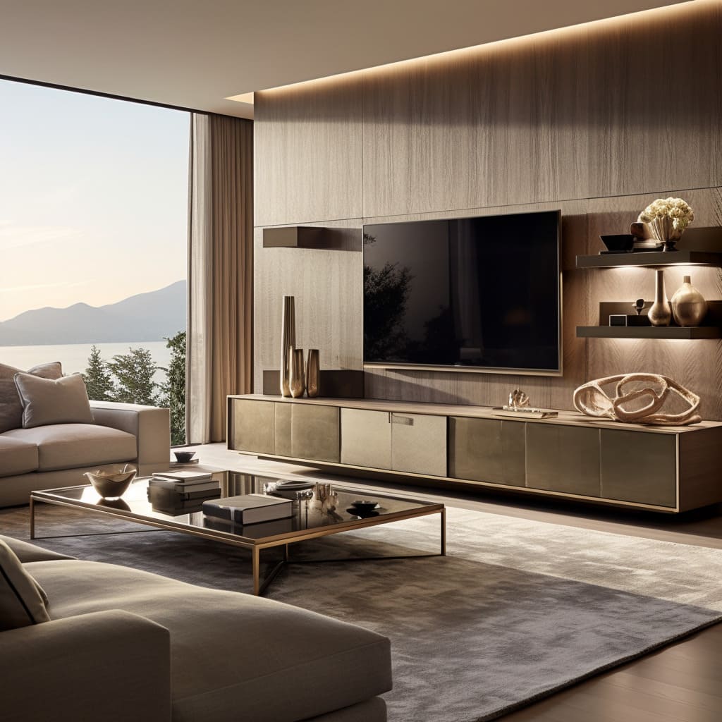 The seating area is arranged to provide the best view of the TV, blending function with design.