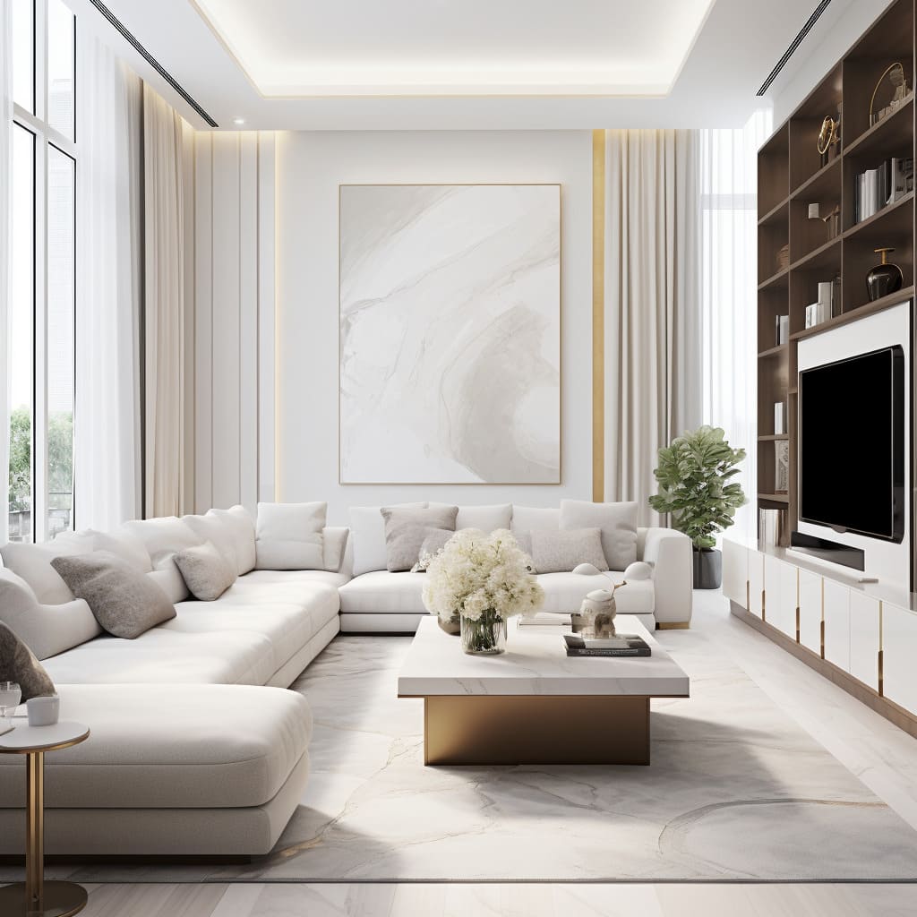The seating arrangement in this luxury living room is thoughtfully curated with a stylish L-shaped sofa.