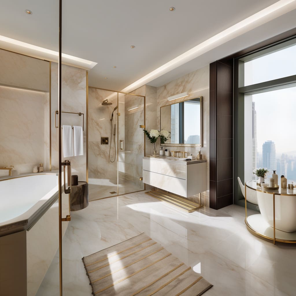 The sleek, creamy marble floors cast a warm, inviting glow across this modern sanctuary of cleanliness and comfort.