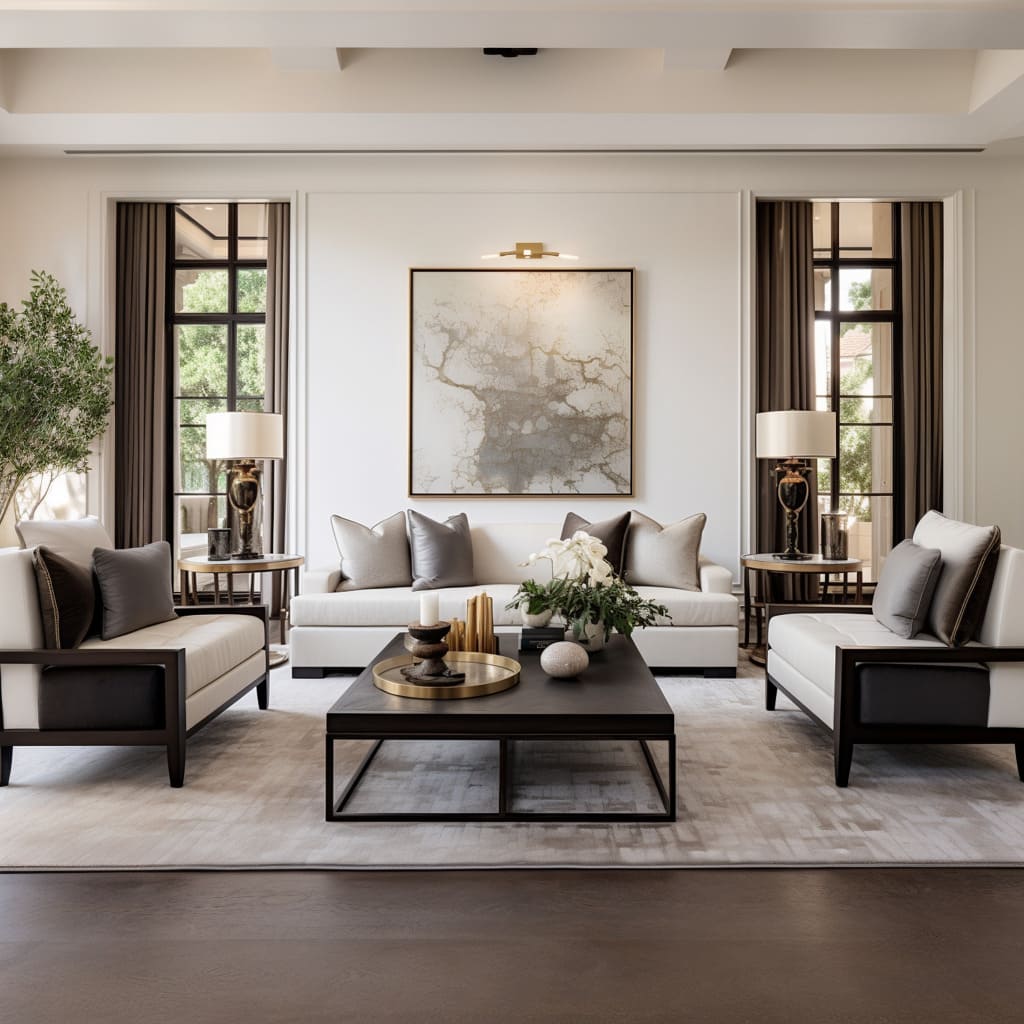 The sofa in this living room invites relaxation with its soft fabric and modern classic design.