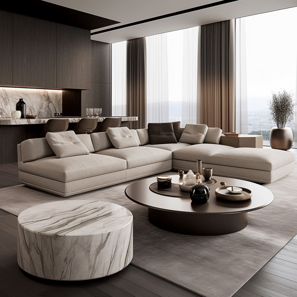 The sofa's soft fabric contrasts beautifully with the stone coffee table's hard surface.