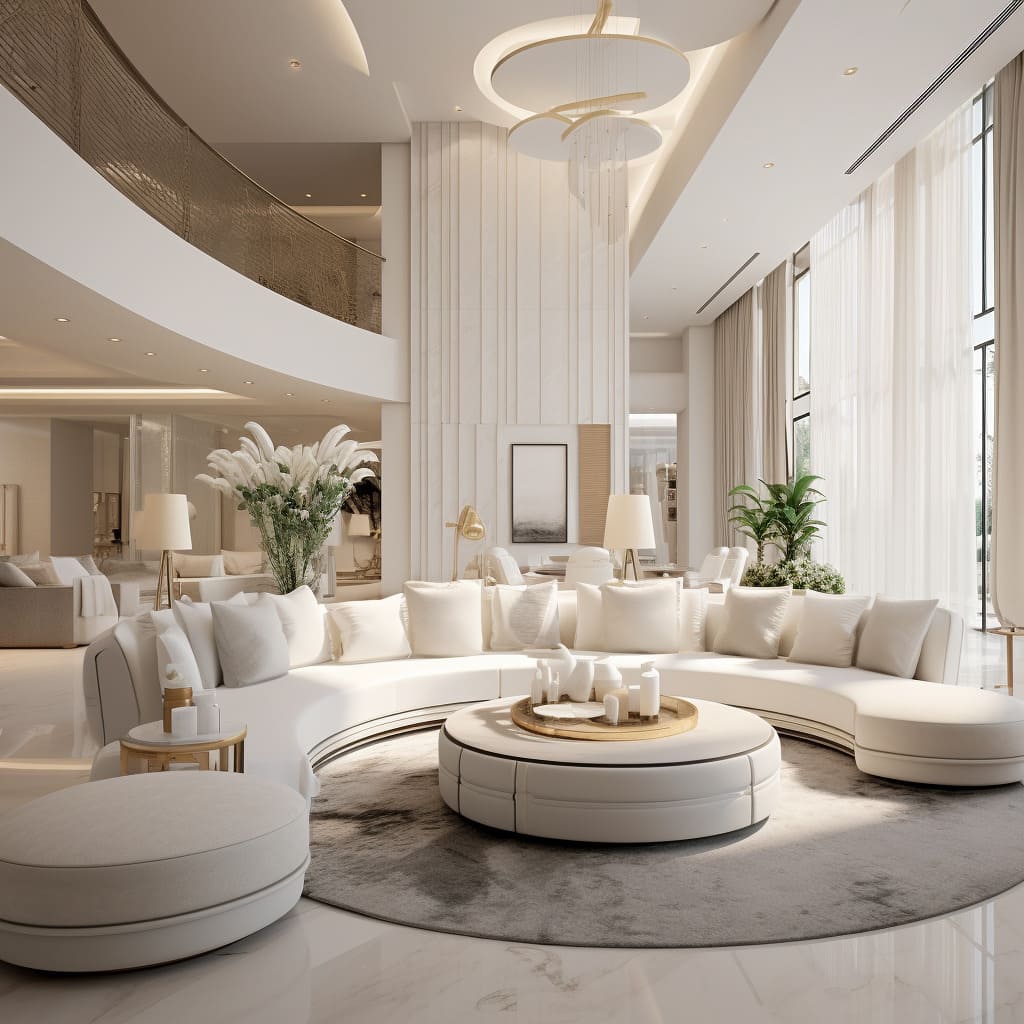 The soft off-white sofa stands as a centerpiece in this epitome of contemporary minimalist interior design.