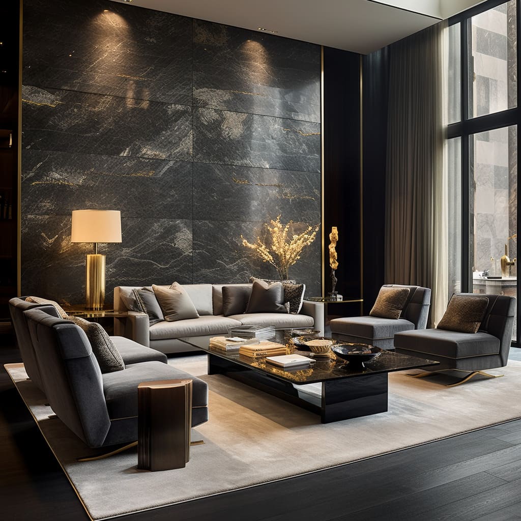The spacious interior design of the living room features beautiful slate stone cladding.