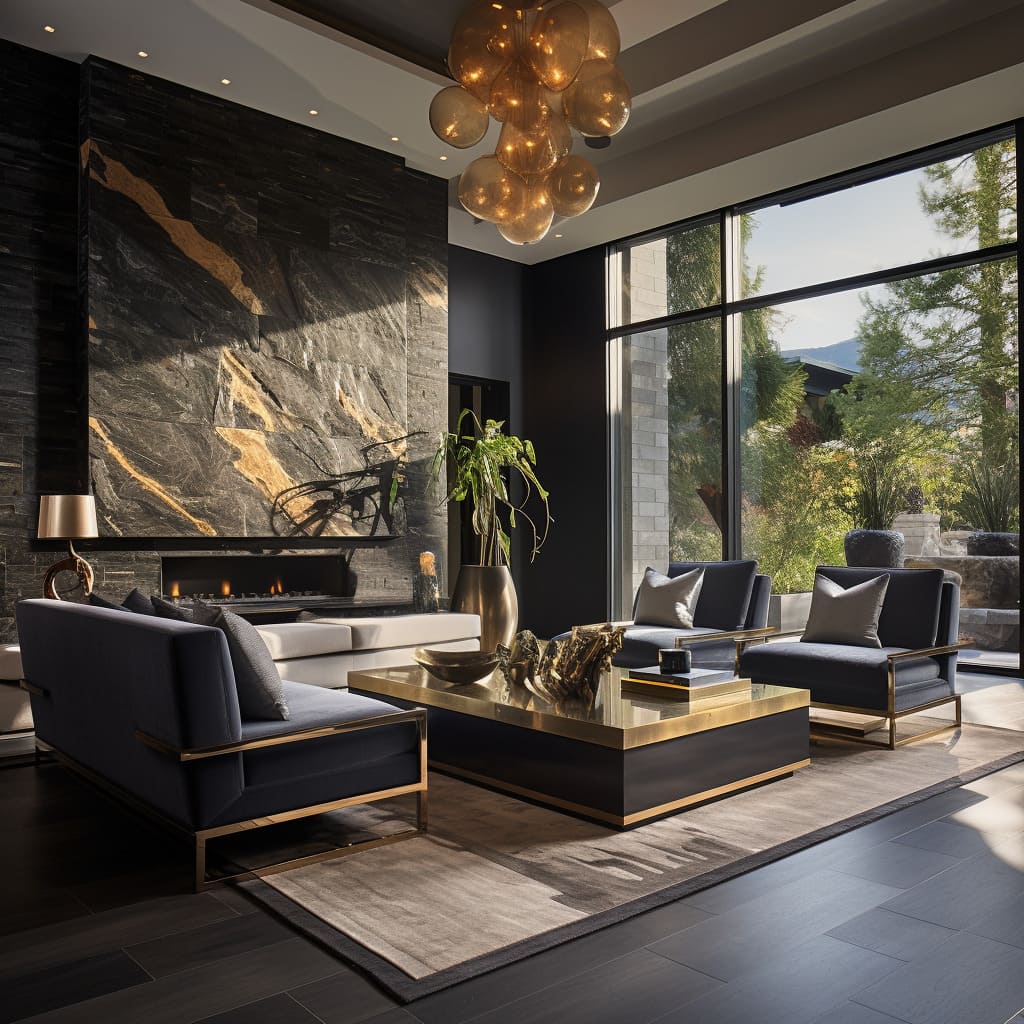 The spacious interior design of this living room boasts a stone-clad accent wall.