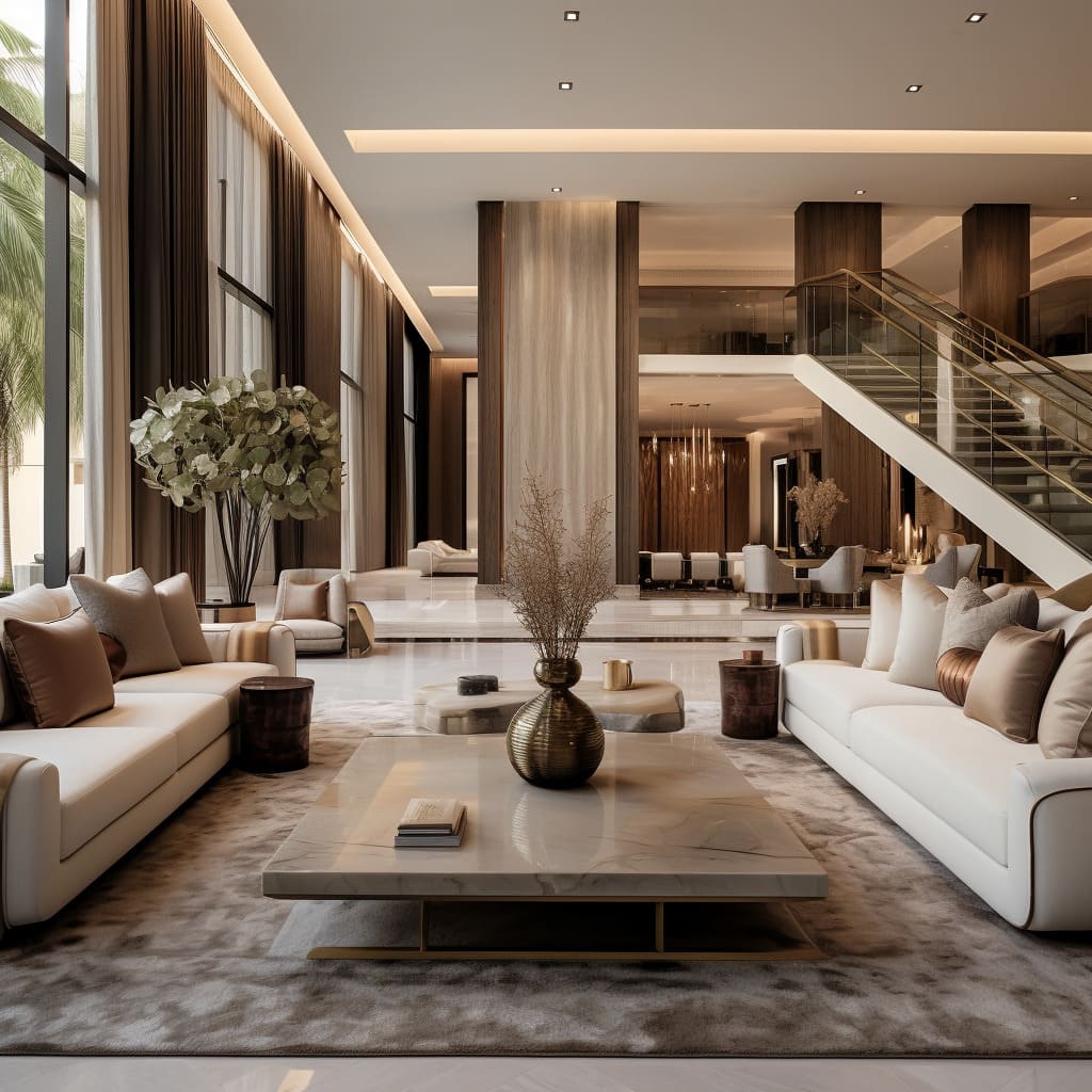 The spacious interior design of this living room is accented with a chic modern sofa.