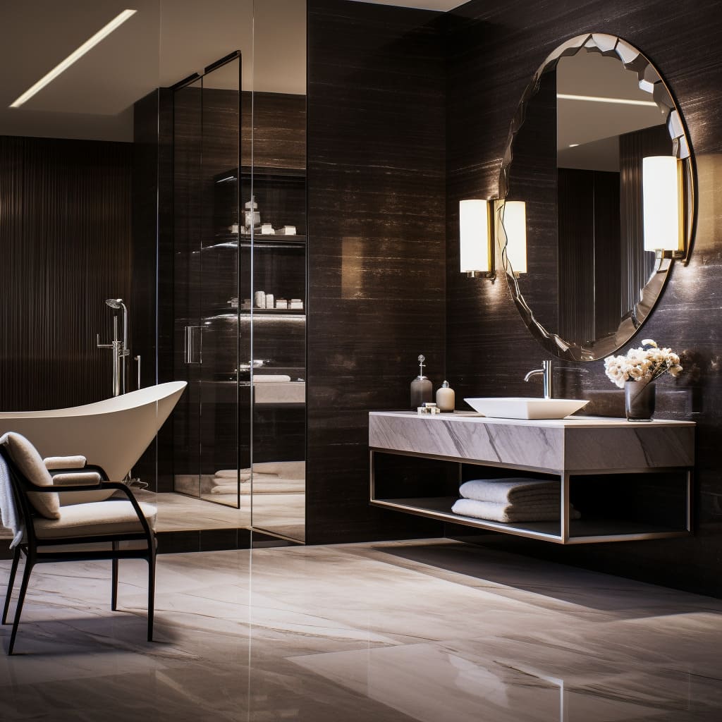 The spacious interior of this master bathroom is highlighted by a striking, free-standing bathtub.