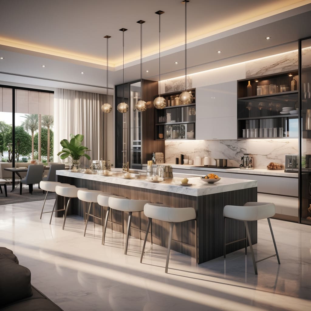The spacious island in this modern kitchen merges seamlessly with an open living room layout.