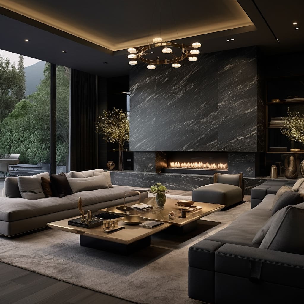 The spacious living room boasts sleek stone cladding that exudes opulence.