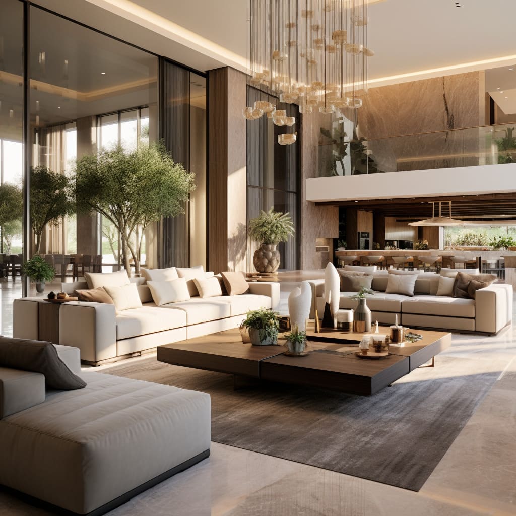 The spacious living room radiates contemporary charm with its minimalist furniture layout.