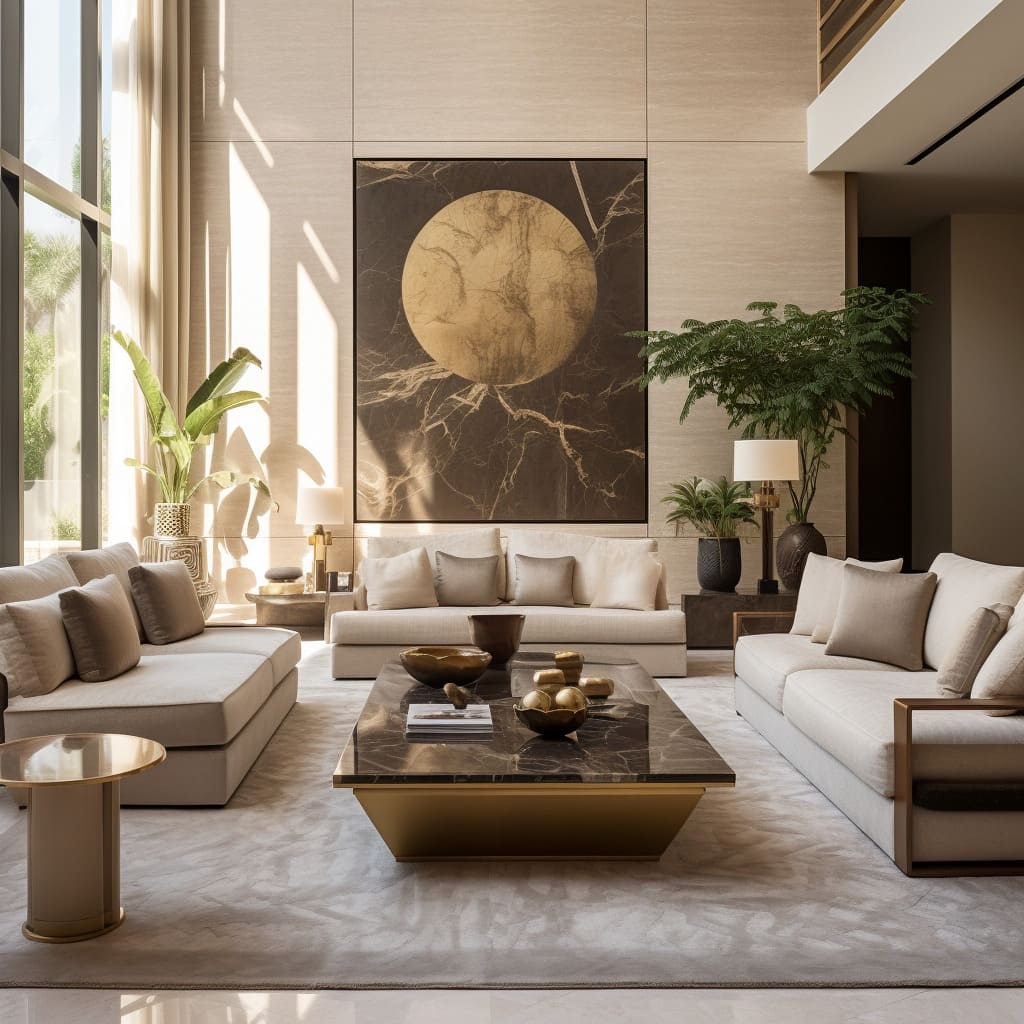 The spacious sofa anchors the living room, surrounded by contemporary marble elegance.