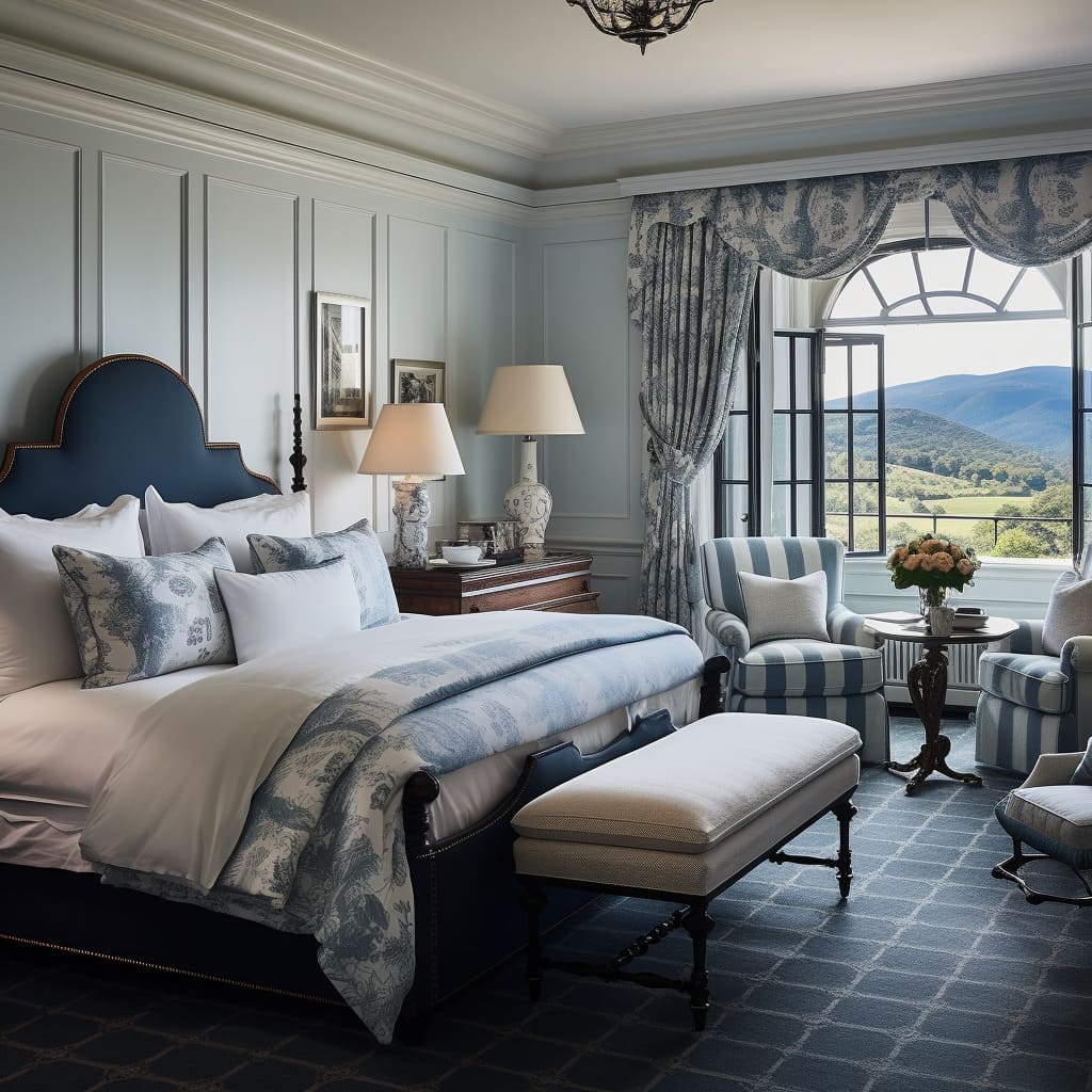The traditional touch in this master bedroom's decor creates a cozy and inviting ambiance.