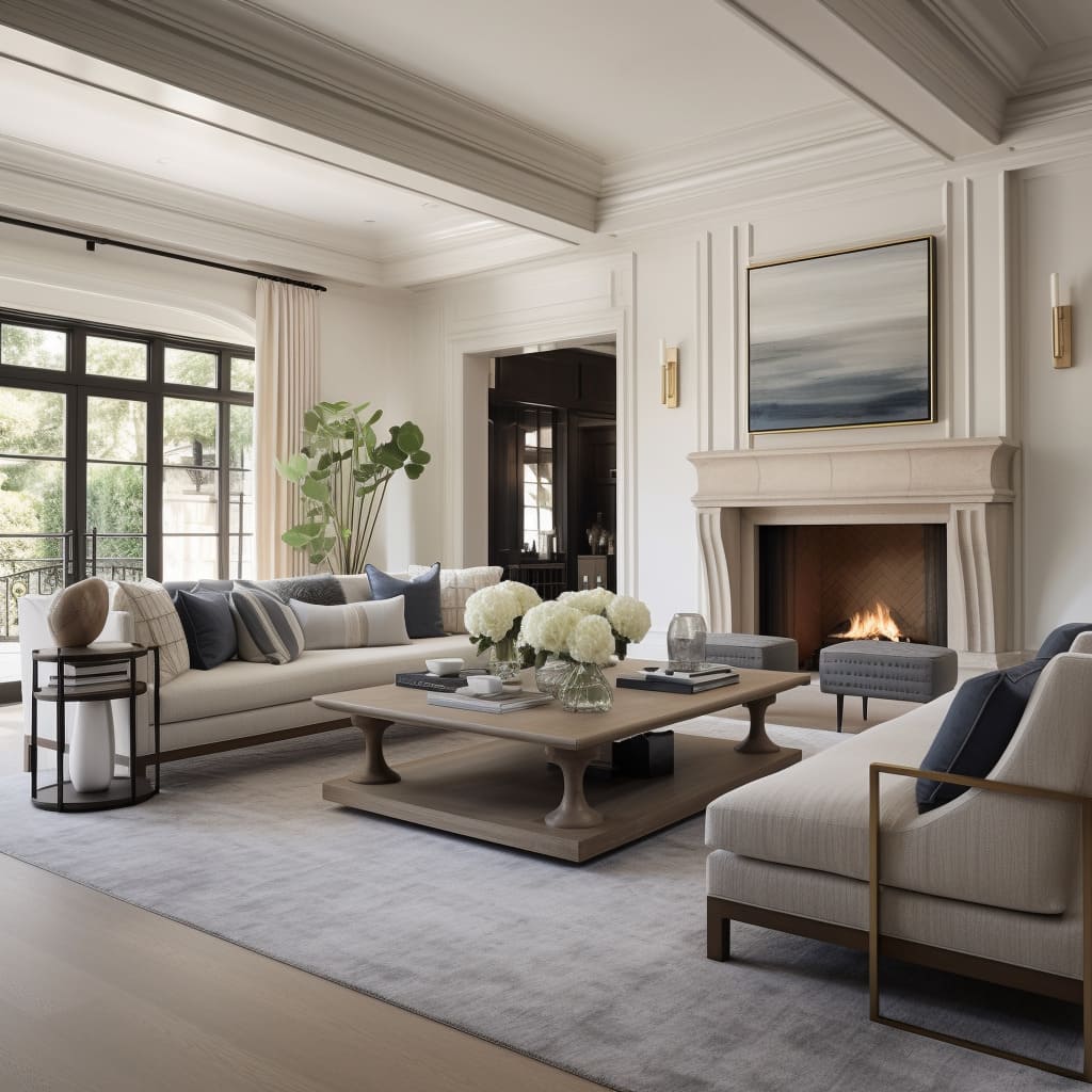 The transitional sofa in this living room bridges the gap between comfort and contemporary classical design.