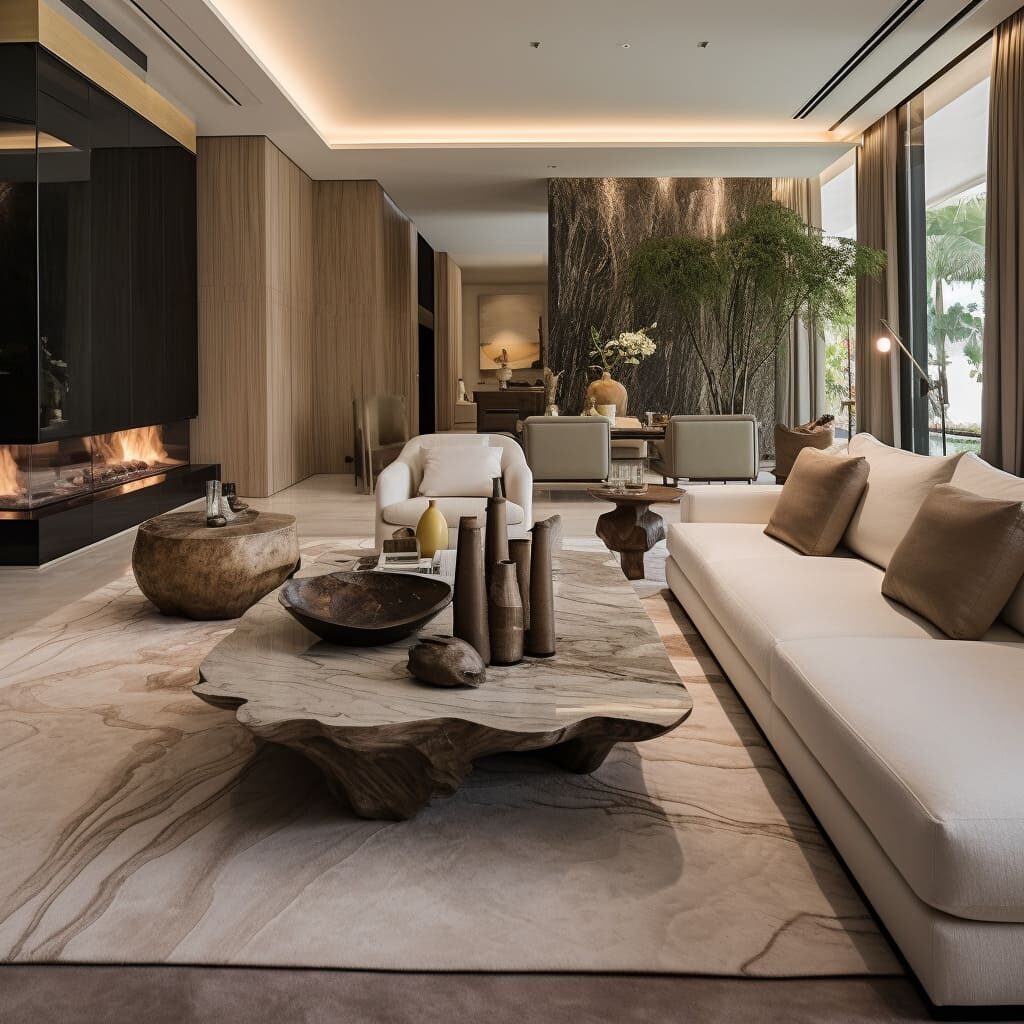The travertine cladding in the living room reflects the natural light, adding a bright and airy feel to the house.