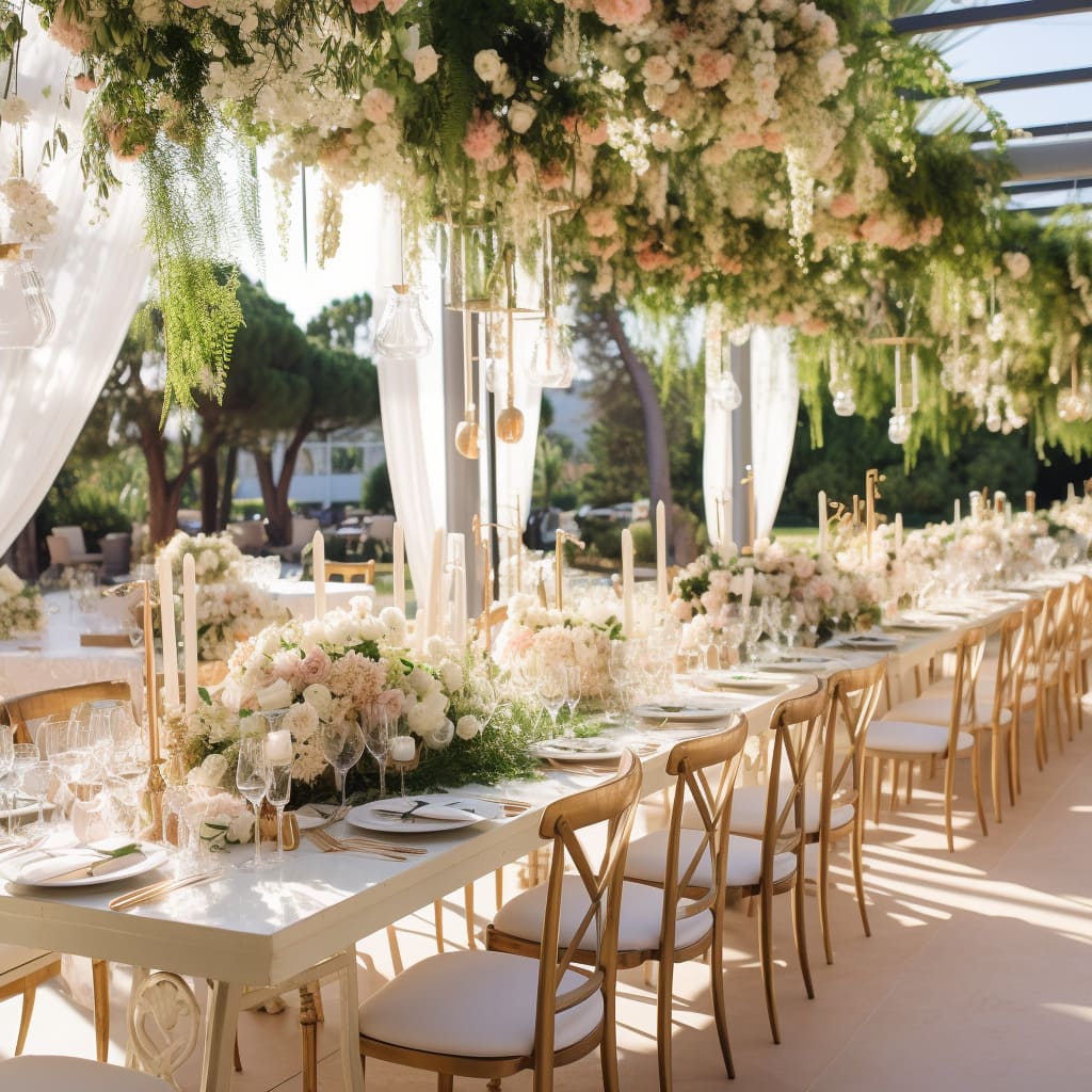 The wedding dining hall is a blend of modern elegance and California style.