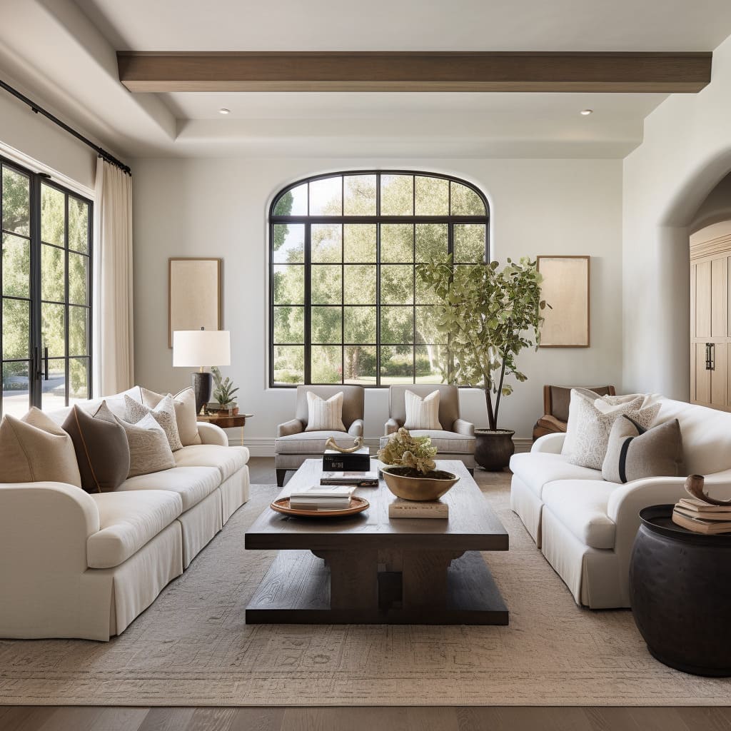 The white walls in this living room serve as a canvas for bold interior design choices.