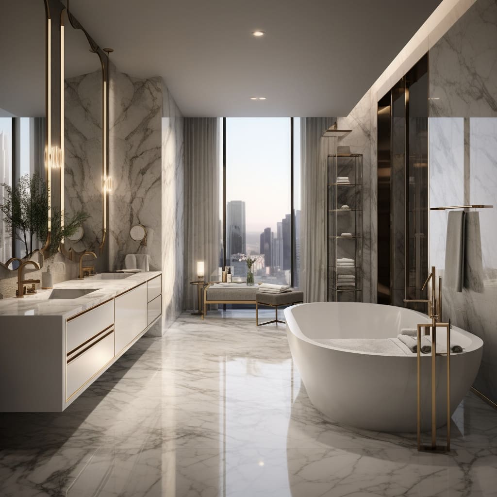 This bathroom boasts a luxury walk-in shower with marble walls that shimmer under the lights.