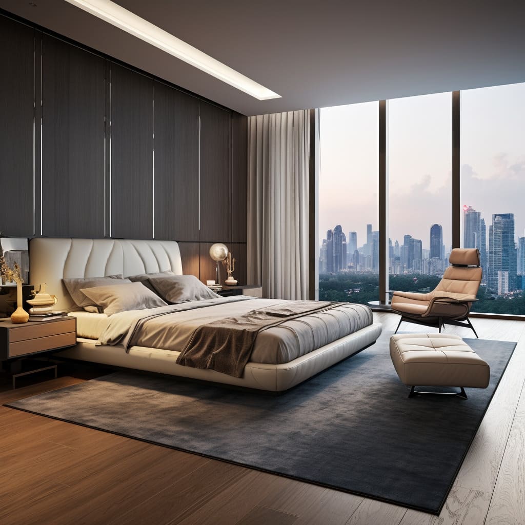 This bedroom's contemporary design is highlighted by its striking, oversized art pieces.