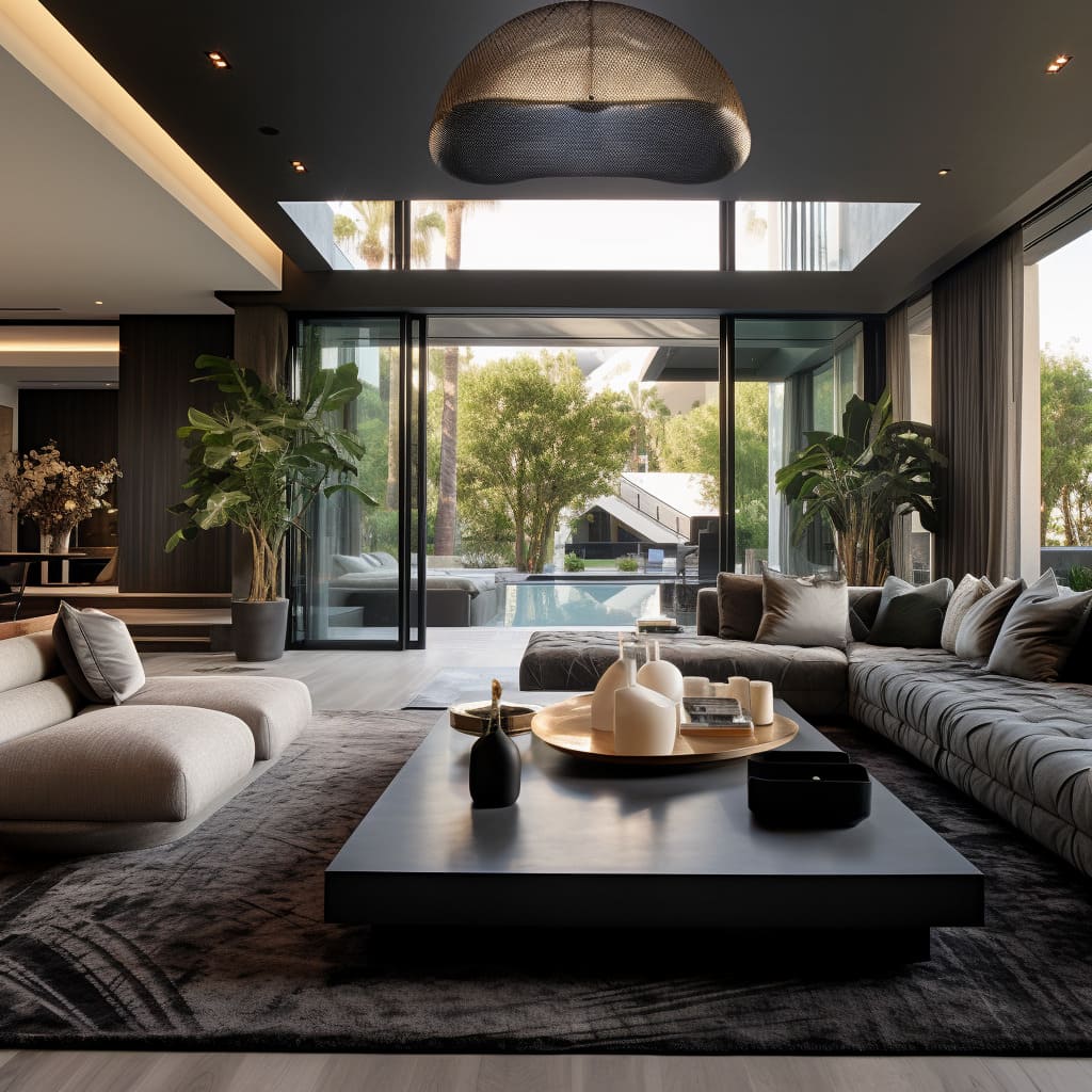 This contemporary home's living room is a haven of style and comfort, featuring plush sofas and elegant accents.