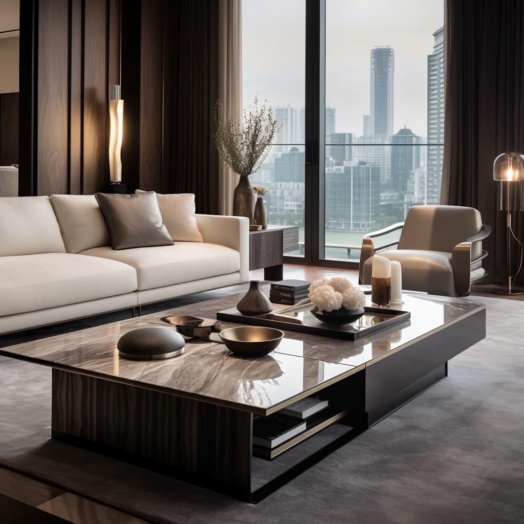 This home decor features a sophisticated marble coffee table surrounded by contemporary seating.
