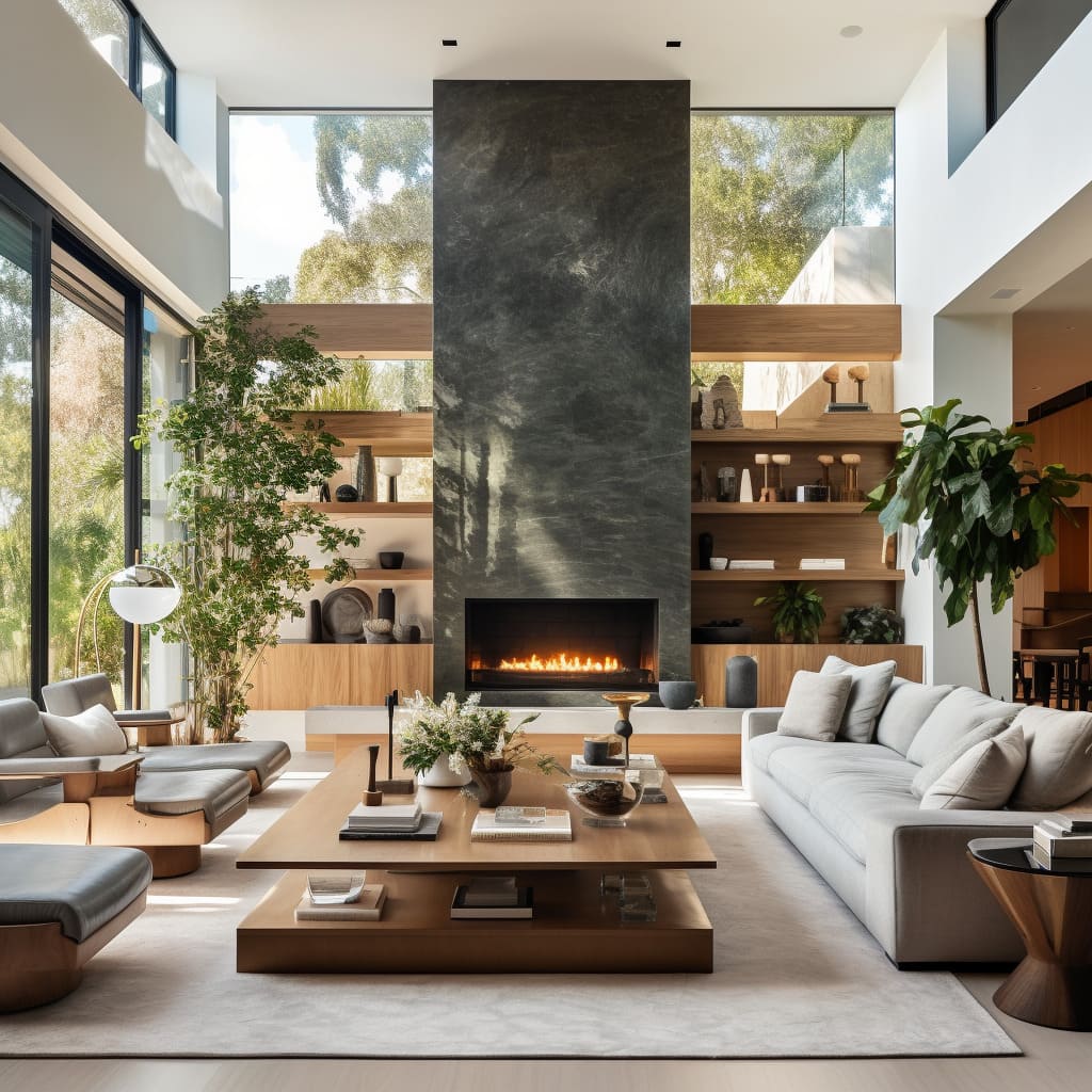 This home features a contemporary living room with modular sofas and a natural, earthy feel