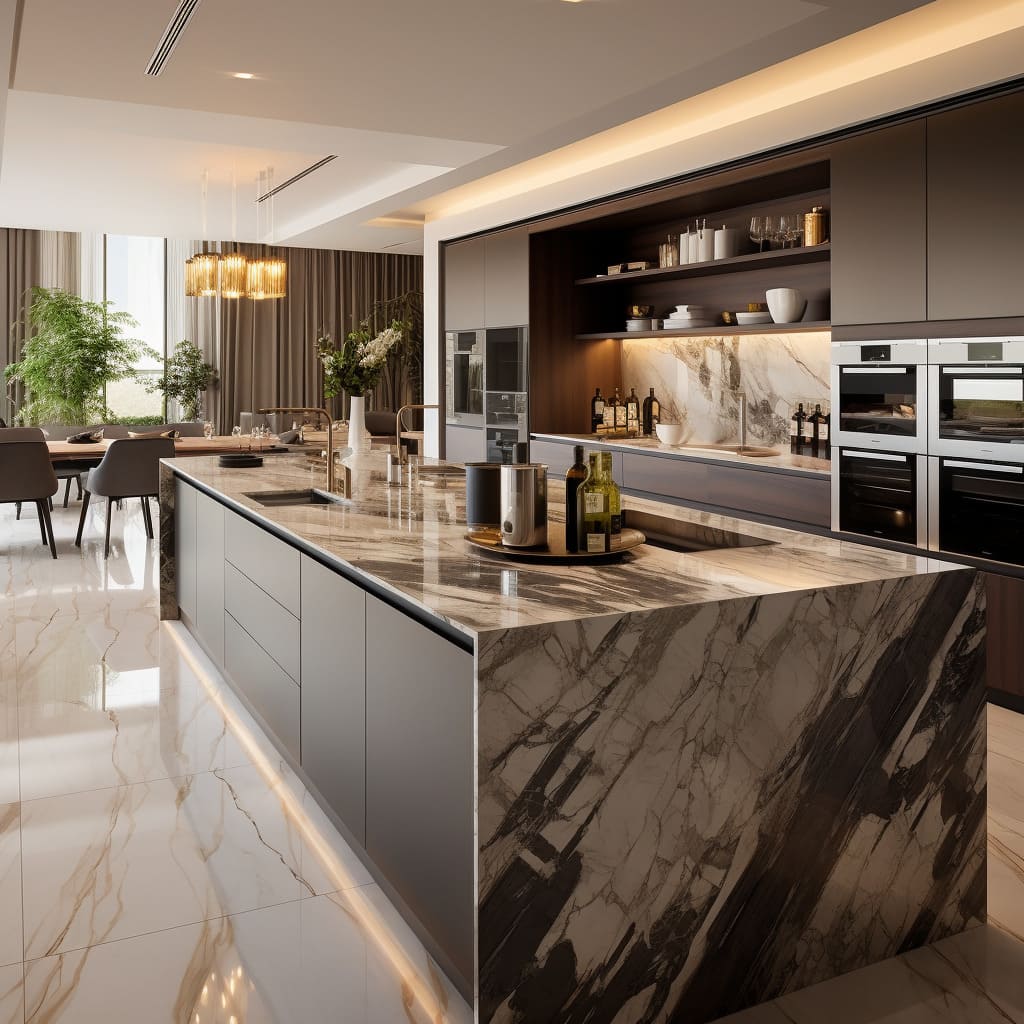 This home's kitchen combines modern elegance with a functional island topped with white marble.