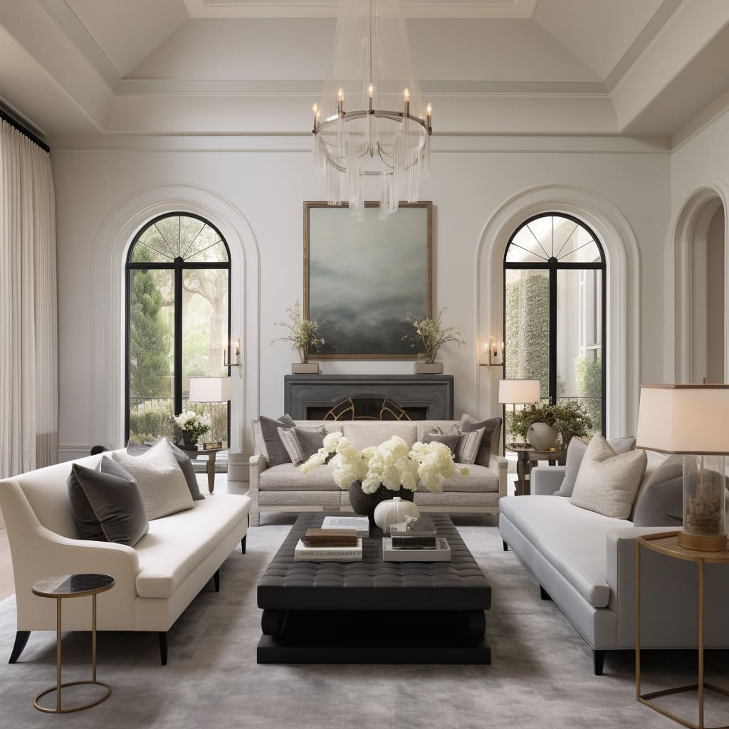 This home's living room beautifully melds contemporary style with timeless American design elements.