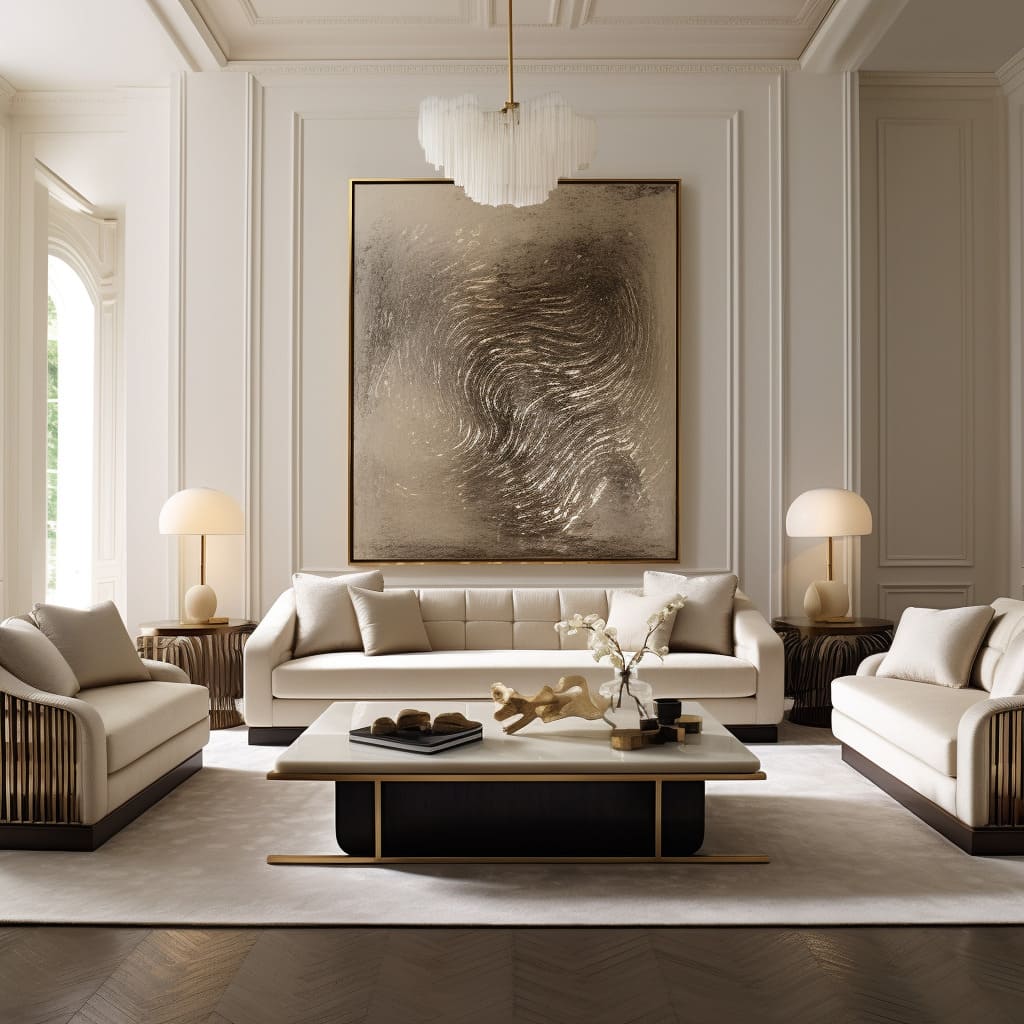 This home's living room combines a large, neutral sofa with copper highlights for a touch of modern luxury.
