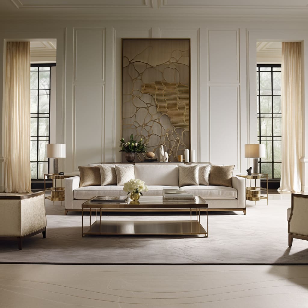 This home's living room features a luxurious design with a spacious beige sofa and tasteful brass accents.