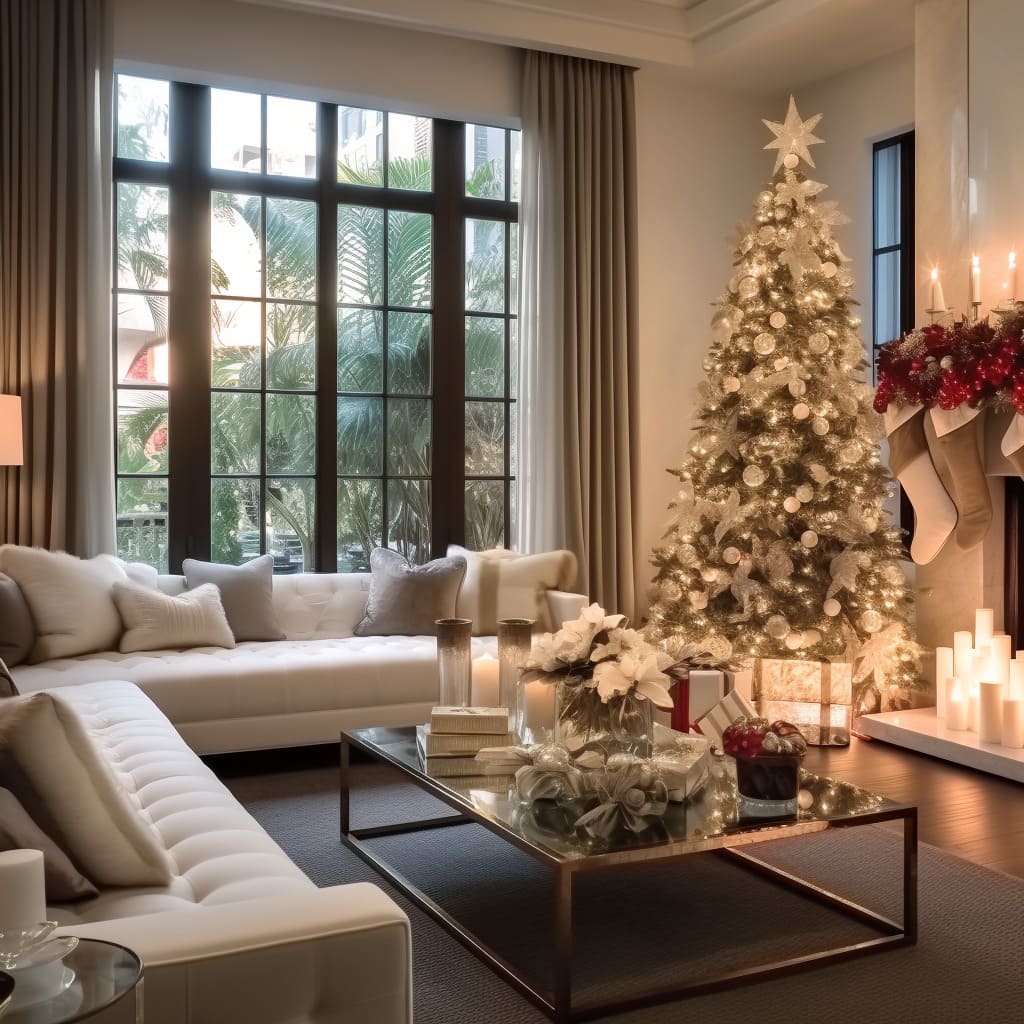 This home's living room is a Christmas wonderland, with decorations in every nook and cranny.
