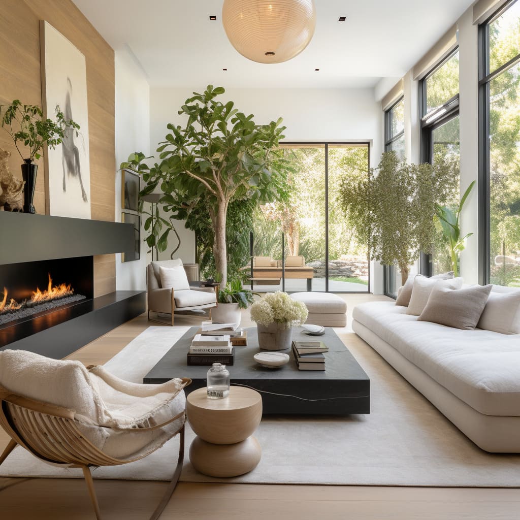 This home's living room is a masterpiece of modern design, featuring large windows and a serene color palette