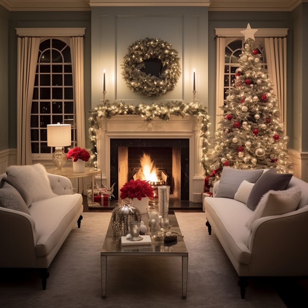 This home's living room is decked out in Christmas decor, creating a joyful holiday ambiance.