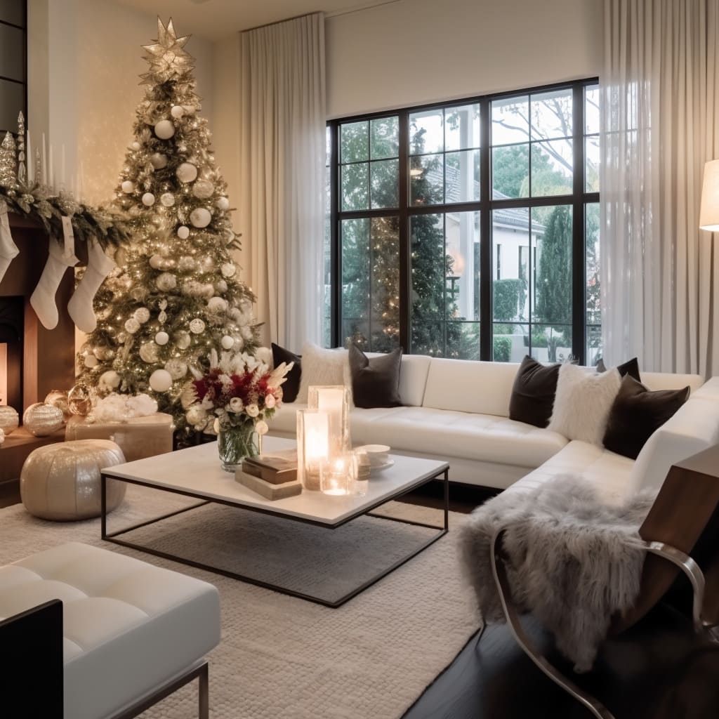 This home's living room is transformed with twinkling Christmas lights, creating a magical holiday setting.