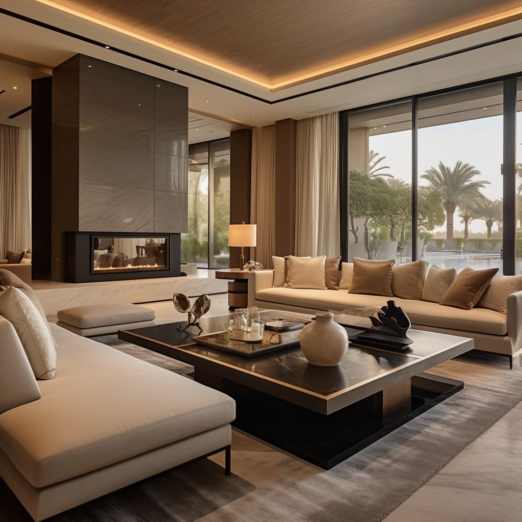 This home's living room pairs a grand marble feature wall with contemporary furniture.