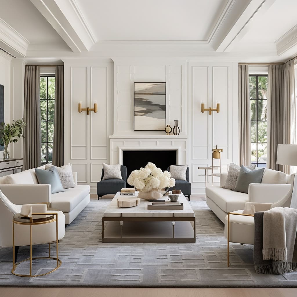 This home's living room pairs transitional home furniture with soft decorations for a look that's both modern and inviting.