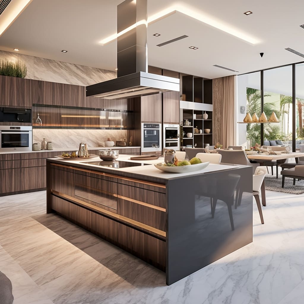 This house features a modern kitchen with an island that beautifully opens up to the living room.