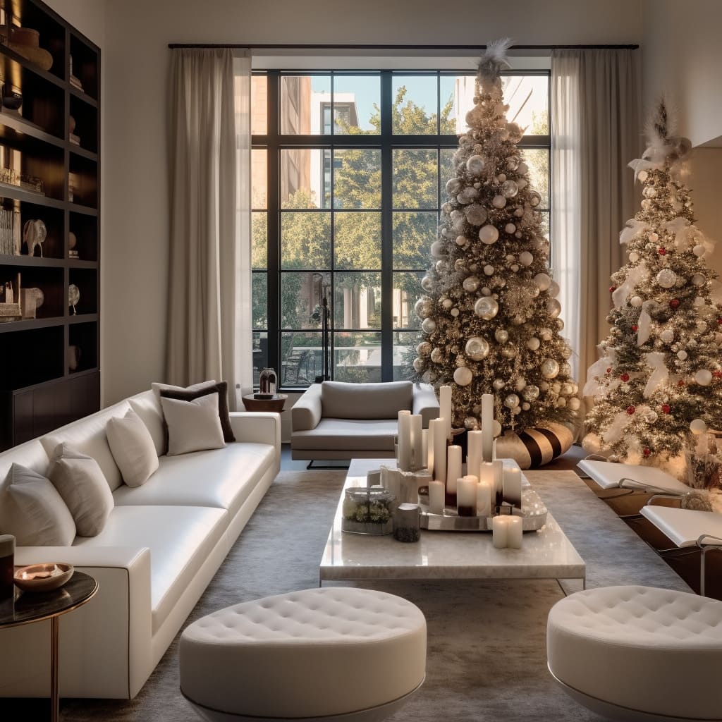 This house's living room celebrates Christmas with a blend of modern and traditional decorations.
