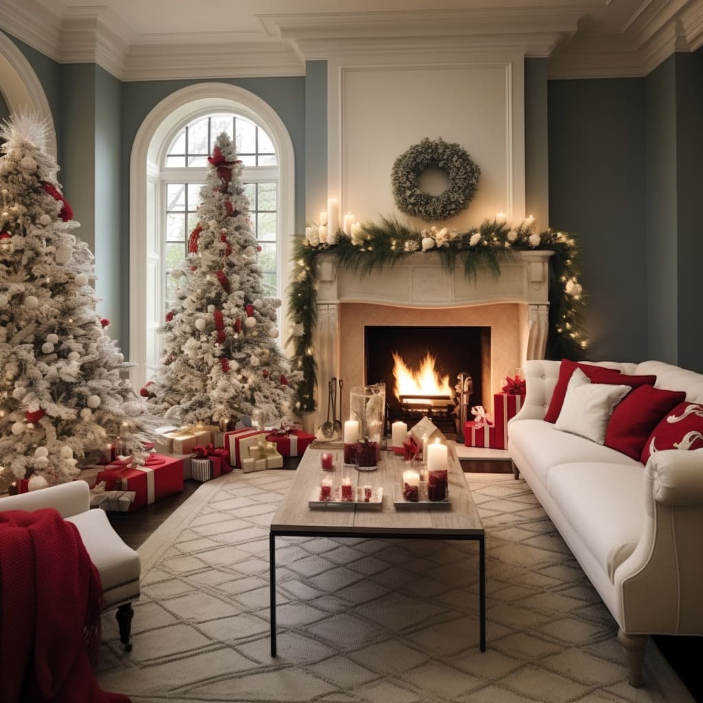 This house's living room exudes a Christmassy feel with its carefully selected holiday decor.