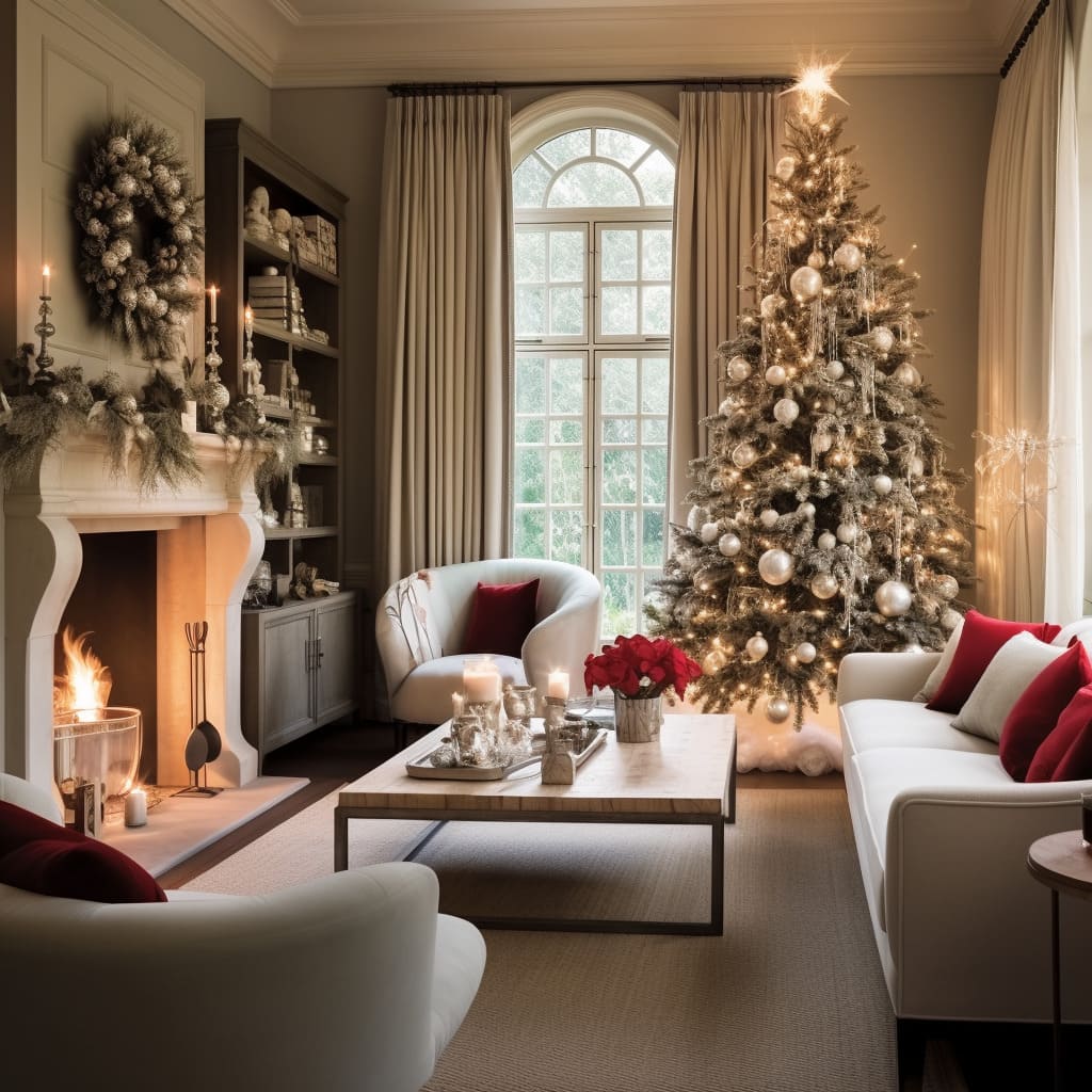 This house's living room features a cozy Christmas setting, complete with a crackling fireplace.