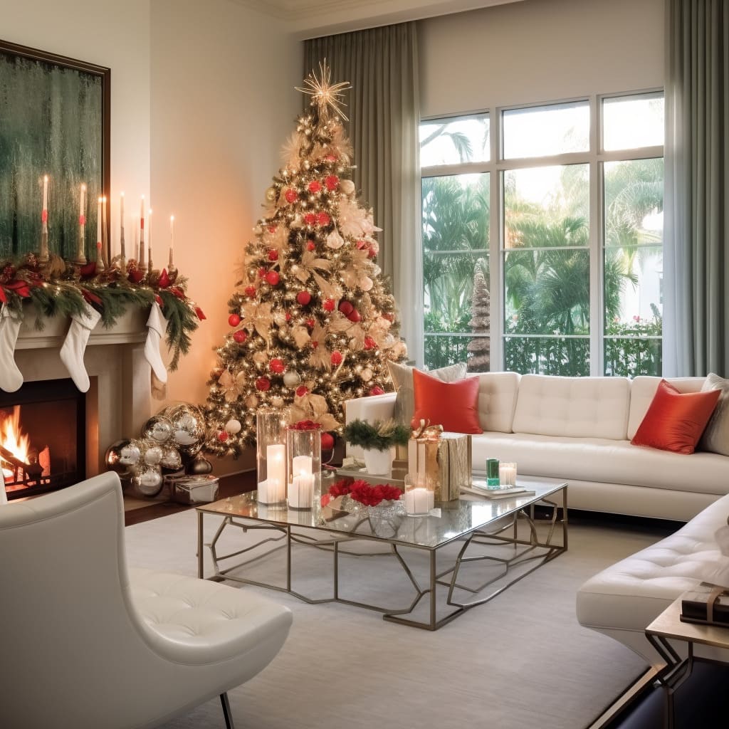 This house's living room features a whimsical Christmas tree, bringing joy and festivity to the space.